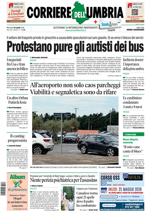 Prima pagina Corriere dell'Umbria di oggi - Quotidiano regionale