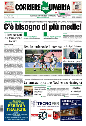 Prima pagina Corriere dell'Umbria di oggi - Quotidiano regionale