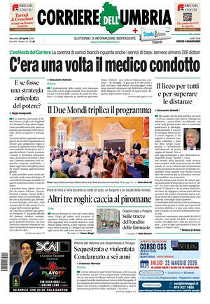 Prima pagina Corriere dell'Umbria di oggi - Quotidiano regionale