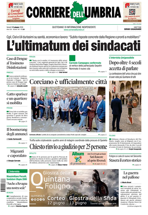 Prima pagina Corriere dell'Umbria di oggi - Quotidiano regionale