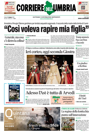 Prima pagina Corriere dell'Umbria di oggi - Quotidiano regionale