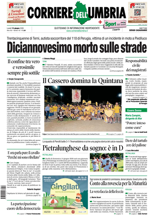 Prima pagina Corriere dell'Umbria di oggi - Quotidiano regionale