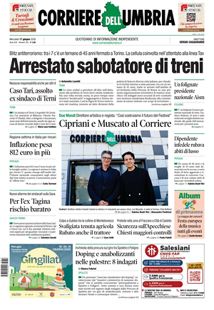 Prima pagina Corriere dell'Umbria di oggi - Quotidiano regionale