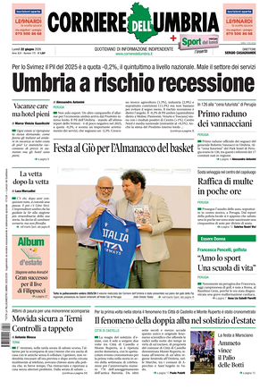 Prima pagina Corriere dell'Umbria di oggi - Quotidiano regionale