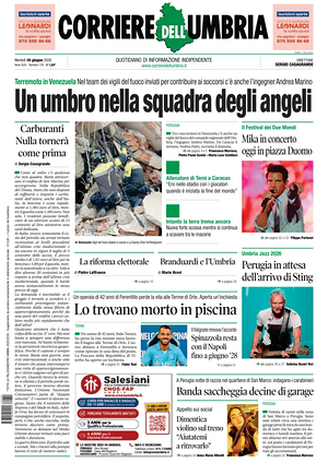 Prima pagina Corriere dell'Umbria di oggi - Quotidiano regionale
