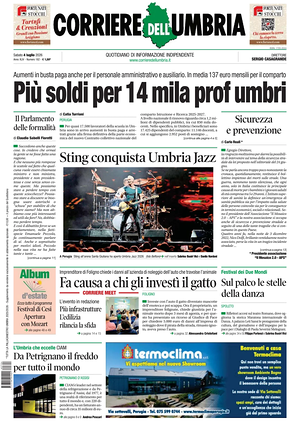 Prima pagina Corriere dell'Umbria di oggi - Quotidiano regionale