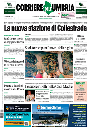 Prima pagina Corriere dell'Umbria di oggi - Quotidiano regionale