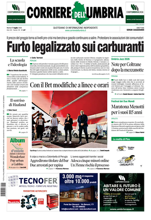 Prima pagina Corriere dell'Umbria di oggi - Quotidiano regionale