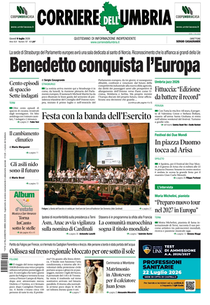 Prima pagina Corriere dell'Umbria di oggi - Quotidiano regionale