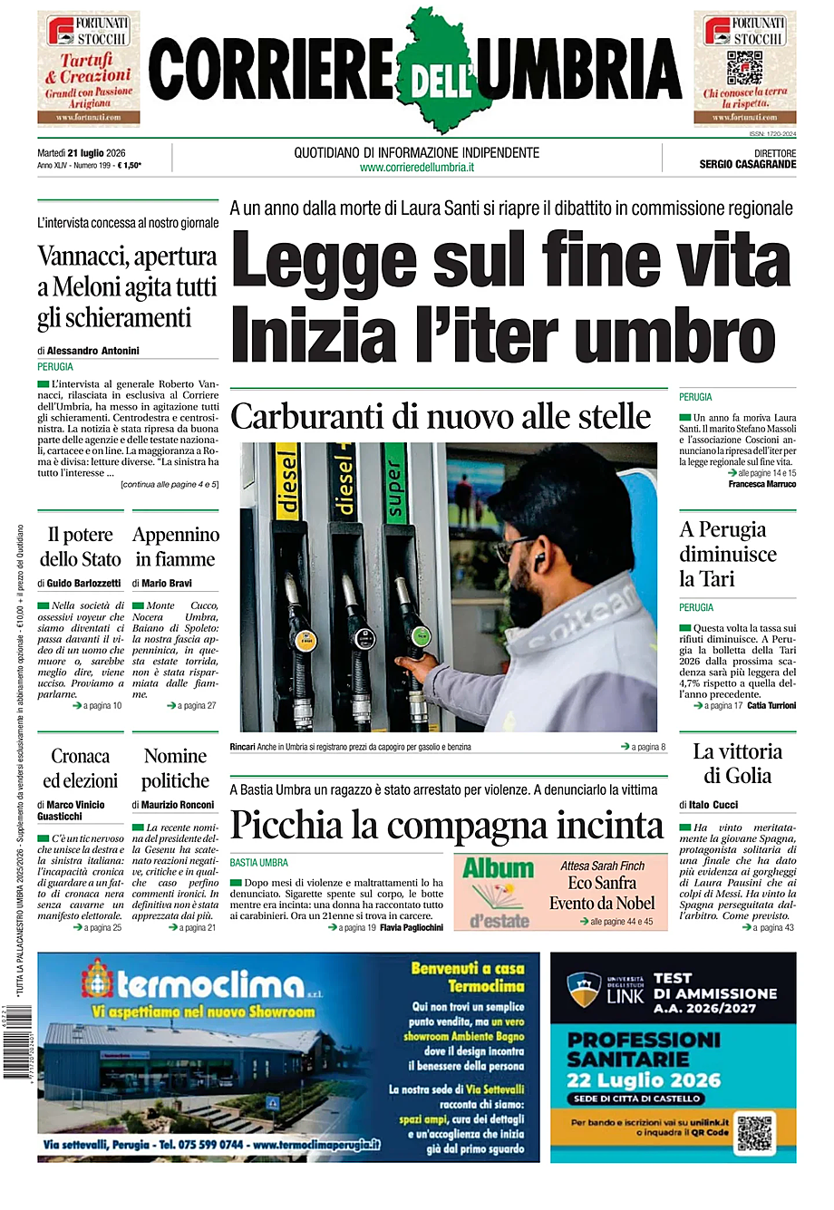Prima pagina Corriere dell'Umbria di oggi - Edicola 21 Luglio 2026