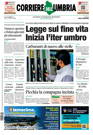 Prima pagina Corriere dell'Umbria di oggi - Quotidiano regionale