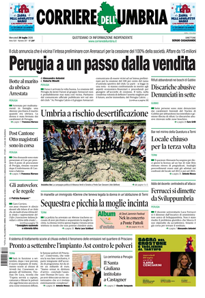 Prima pagina Corriere dell'Umbria di oggi - Quotidiano regionale