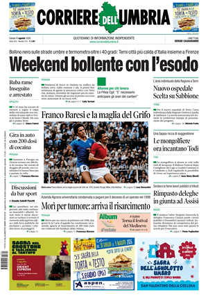 Prima pagina Corriere dell'Umbria di oggi - Quotidiano regionale