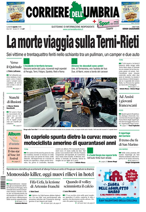 Prima pagina Corriere dell'Umbria di oggi - Quotidiano regionale