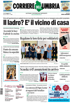 Prima pagina Corriere dell'Umbria di oggi - Quotidiano regionale