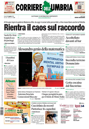 Prima pagina Corriere dell'Umbria di oggi - Quotidiano regionale