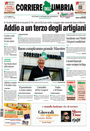 Prima pagina Corriere dell'Umbria di oggi - Quotidiano regionale