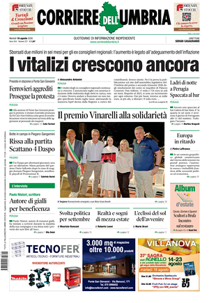 Prima pagina Corriere dell'Umbria di oggi - Quotidiano regionale