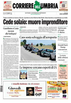 Prima pagina Corriere dell'Umbria di oggi - Quotidiano regionale