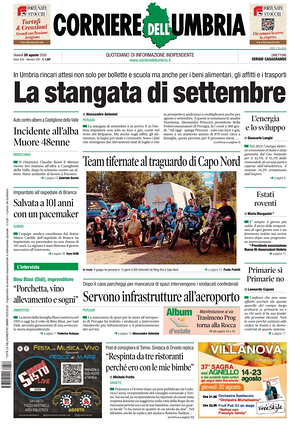 Prima pagina Corriere dell'Umbria di oggi - Quotidiano regionale
