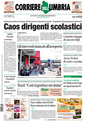 Prima pagina Corriere dell'Umbria di oggi - Quotidiano regionale