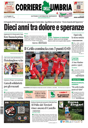 Prima pagina Corriere dell'Umbria di oggi - Quotidiano regionale
