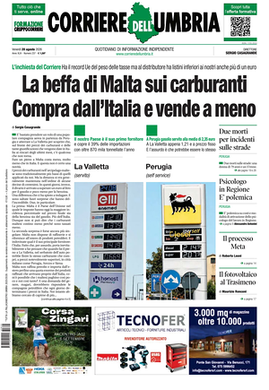Prima pagina Corriere dell'Umbria di oggi - Quotidiano regionale