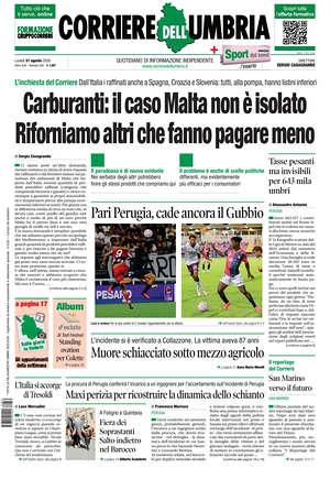 Prima pagina Corriere dell'Umbria di oggi - Quotidiano regionale