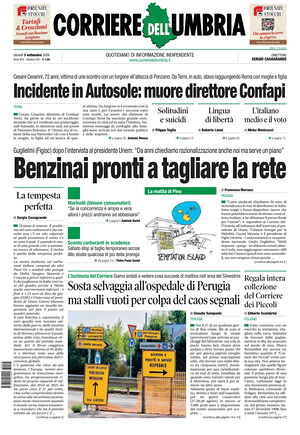 Prima pagina Corriere dell'Umbria di oggi - Quotidiano regionale