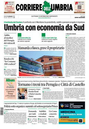 Prima pagina Corriere dell'Umbria di oggi - Quotidiano regionale