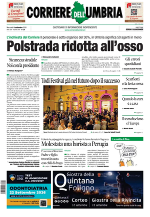 Prima pagina Corriere dell'Umbria di oggi - Quotidiano regionale