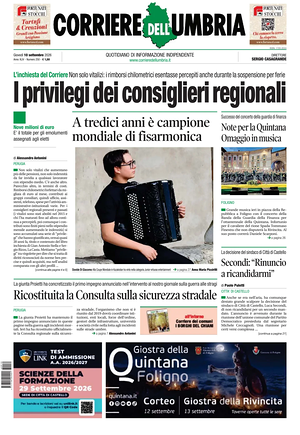 Prima pagina Corriere dell'Umbria di oggi - Quotidiano regionale