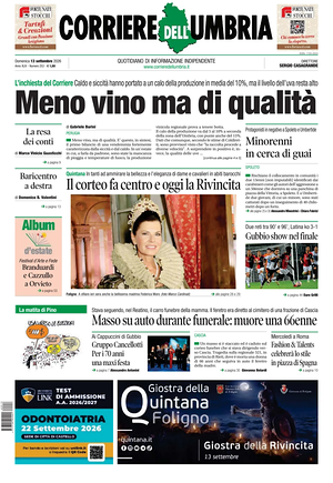 Prima pagina Corriere dell'Umbria di oggi - Quotidiano regionale