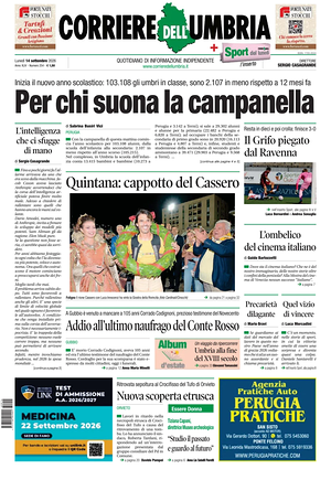 Prima pagina Corriere dell'Umbria di oggi - Quotidiano regionale
