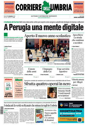 Prima pagina Corriere dell'Umbria di oggi - Quotidiano regionale