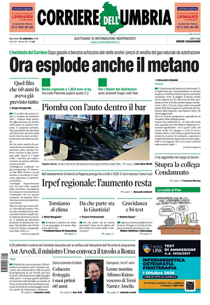 Prima pagina Corriere dell'Umbria di oggi - Quotidiano regionale
