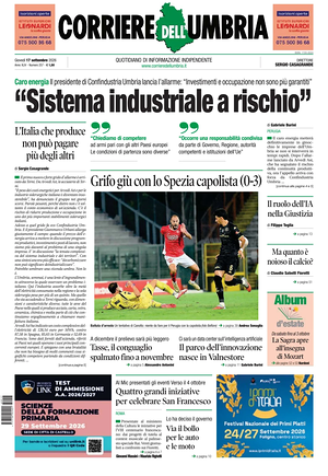 Prima pagina Corriere dell'Umbria di oggi - Quotidiano regionale