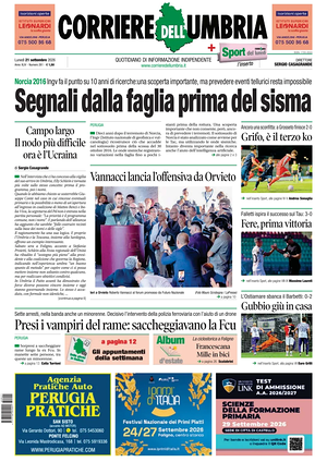 Prima pagina Corriere dell'Umbria di oggi - Quotidiano regionale