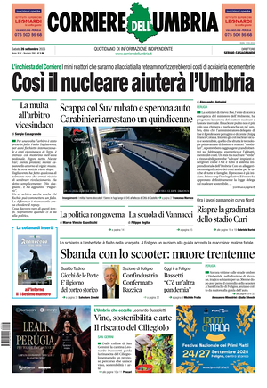 Prima pagina Corriere dell'Umbria di oggi - Quotidiano regionale