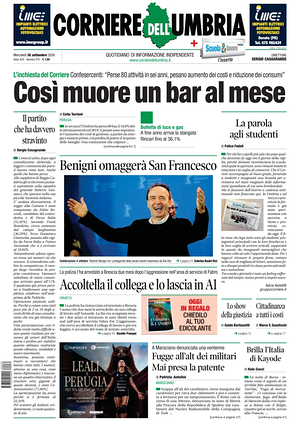 Prima pagina Corriere dell'Umbria di oggi - Quotidiano regionale