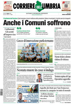 Prima pagina Corriere dell'Umbria di oggi - Quotidiano regionale