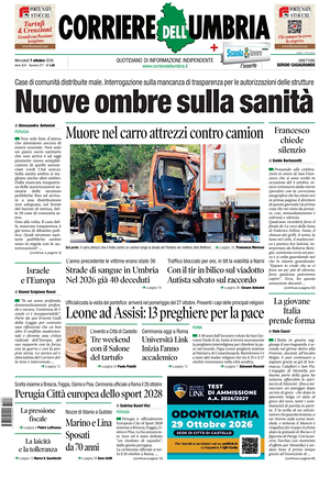 Prima pagina Corriere dell'Umbria di oggi - Quotidiano regionale