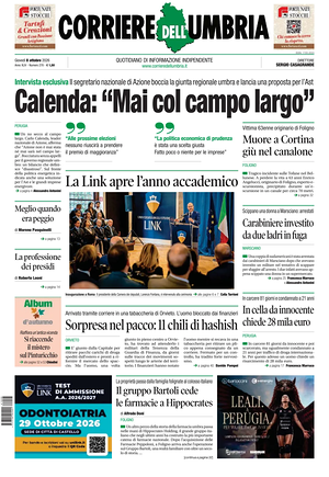 Prima pagina Corriere dell'Umbria di oggi - Quotidiano regionale