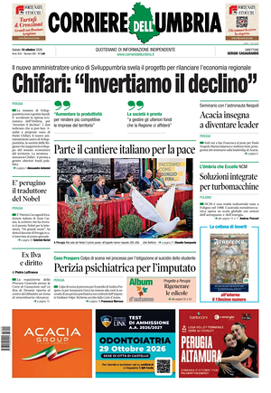 Prima pagina Corriere dell'Umbria di oggi - Quotidiano regionale