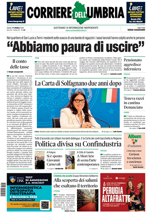 Prima pagina Corriere dell'Umbria di oggi - Quotidiano regionale