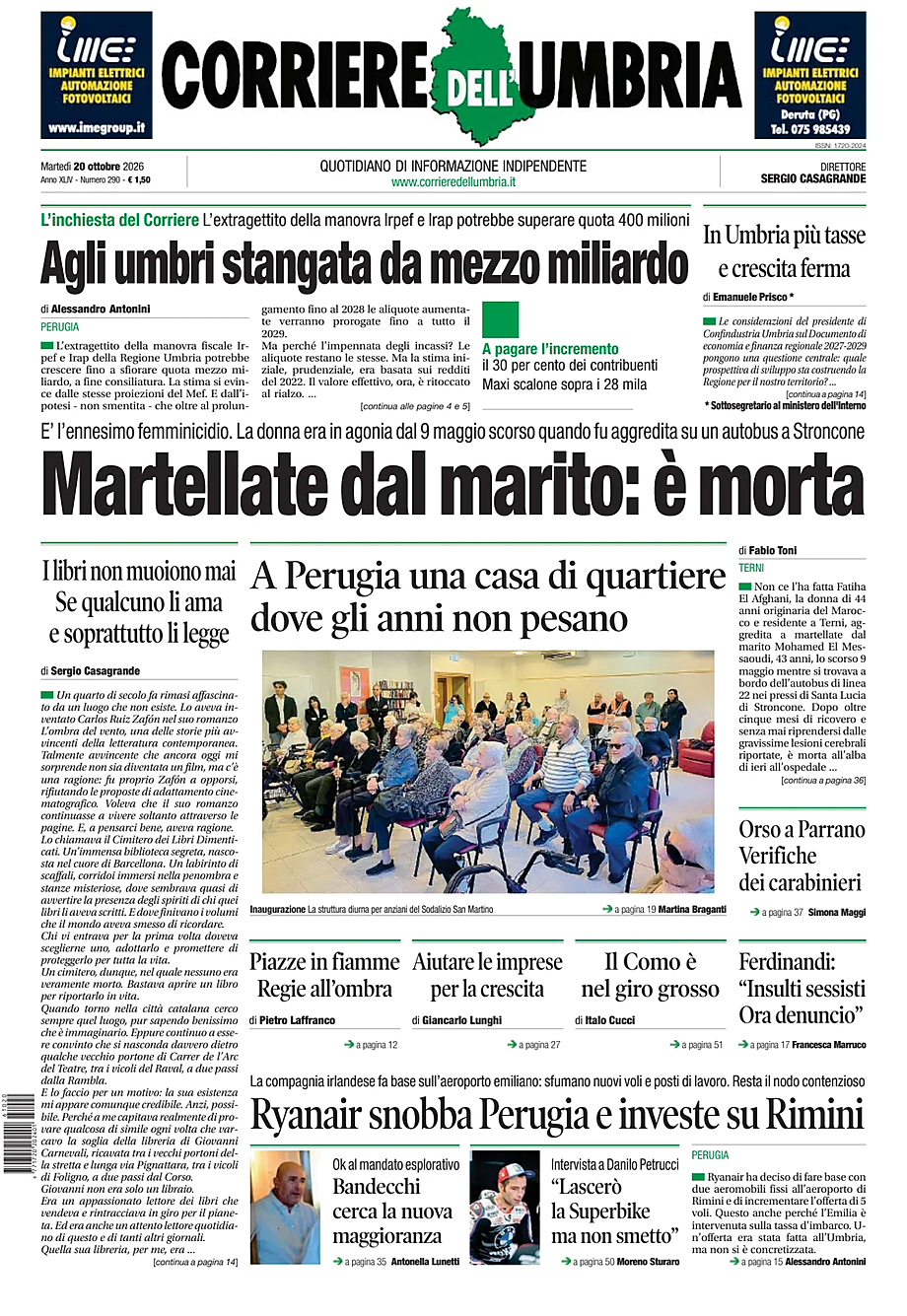 Prima pagina Corriere dell'Umbria di oggi - Edicola 20 Ottobre 2026