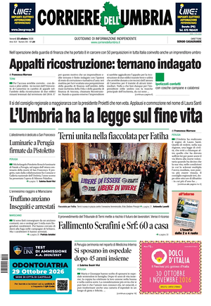 Prima pagina Corriere dell'Umbria di oggi - Quotidiano regionale