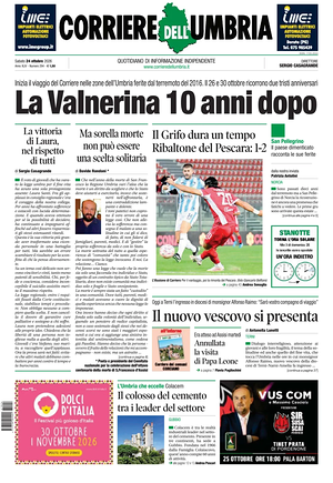 Prima pagina Corriere dell'Umbria di oggi - Quotidiano regionale