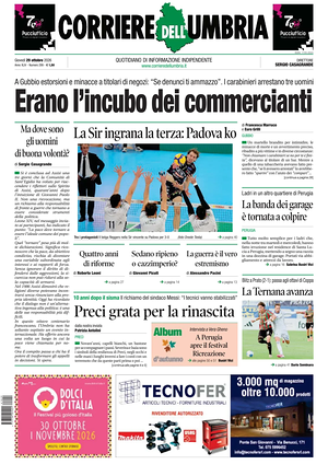 Prima pagina Corriere dell'Umbria di oggi - Quotidiano regionale