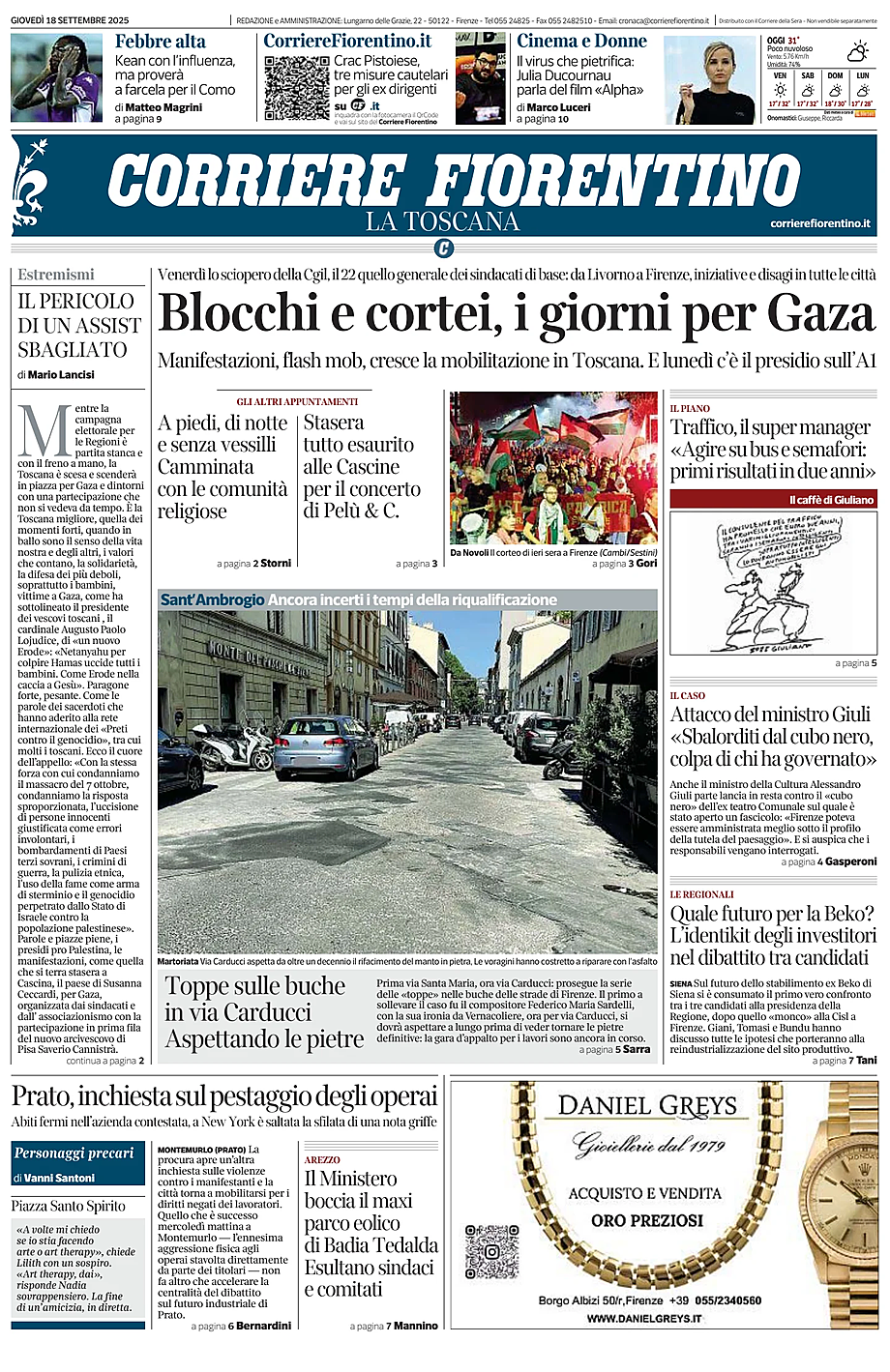 Prima pagina Corriere Fiorentino di oggi - Edicola 18 Settembre 2025